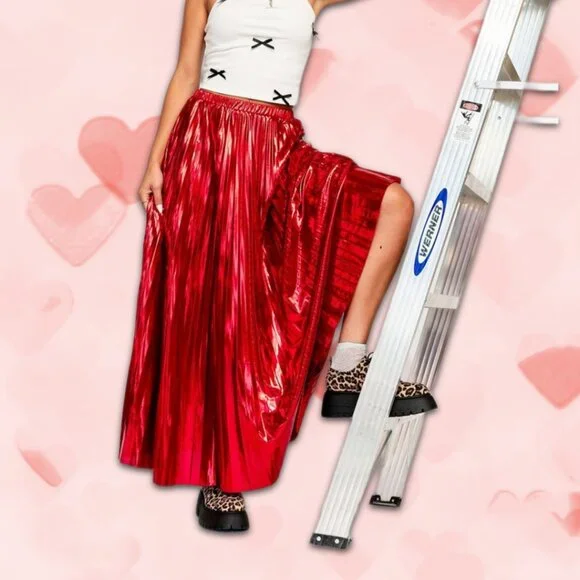 Metallic Pleated Midi Skirt in Red Hot - Picture 4 of 8